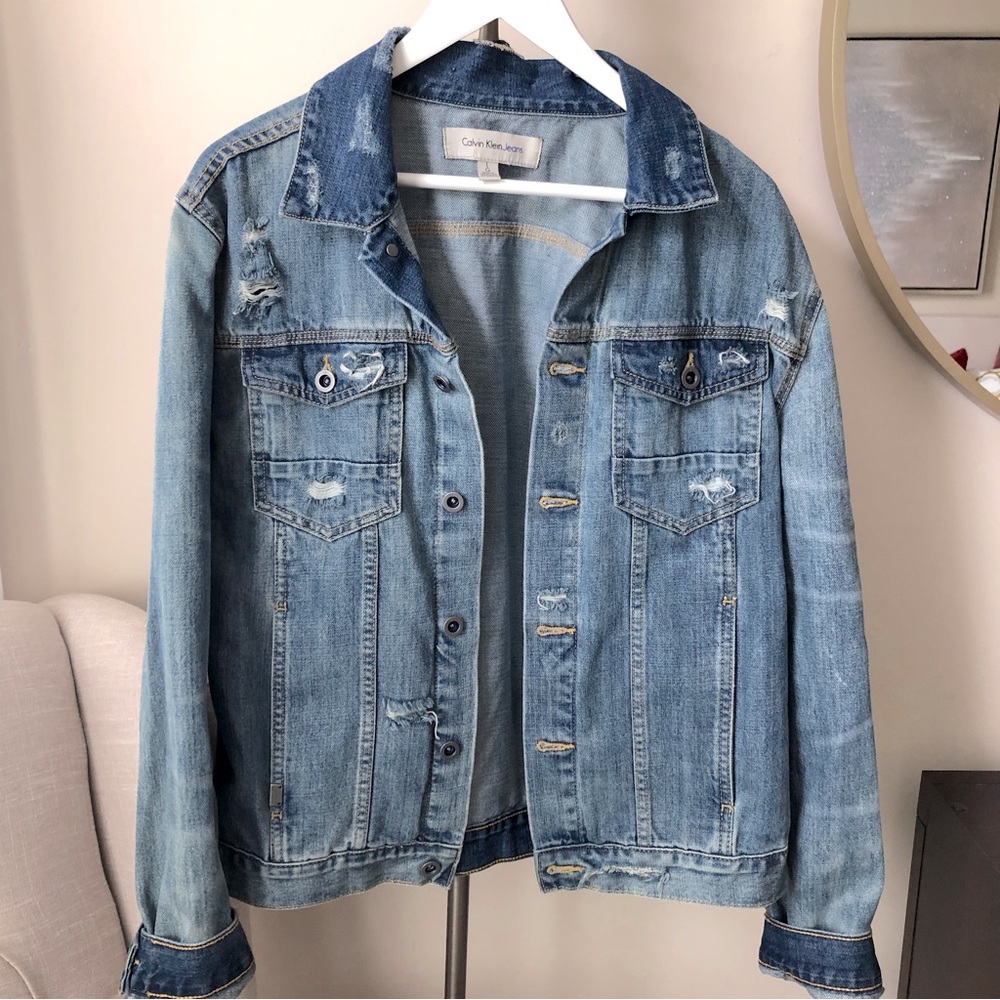 Calvin Klein Large Jean Jacket Bomber Collared Faded Mid Medium Wash Buttons